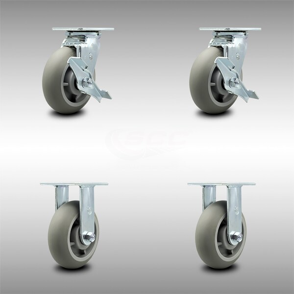 6 Inch SS Thermoplastic Rubber Caster Set with Ball Bearings 2 Brake 2 Rigid SCC